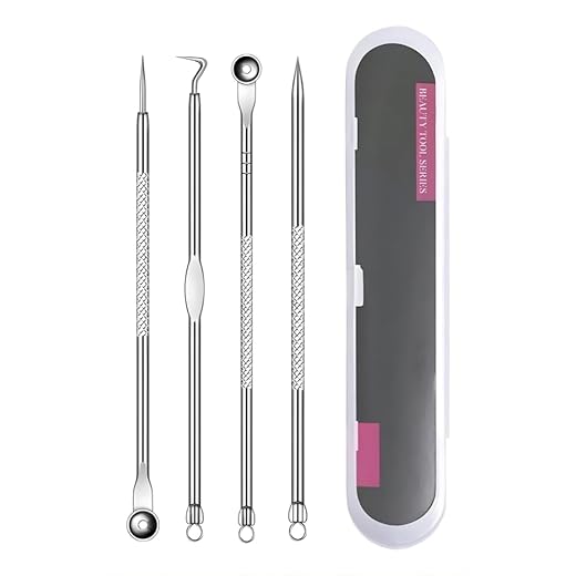 Kit Ferramentas para Remoção de Cravos e Espinhas em Aço Inoxidável 4 Peças Extrator para Limpeza Facial