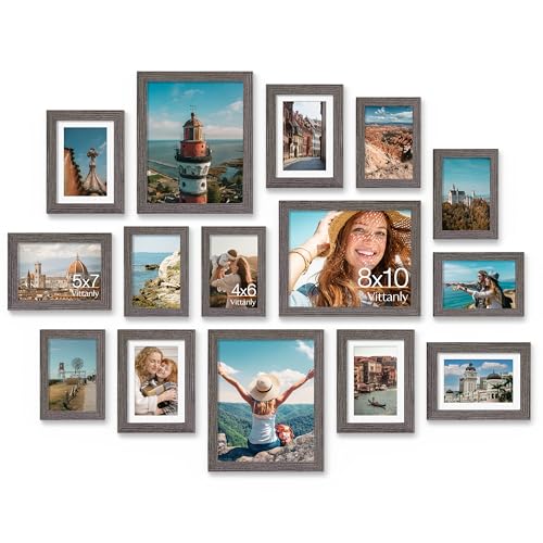 Image of Vittanly 15 Pack Picture Frames Collage Wall Decor for Mounting or Tabletop Display, Gallery Frame Set for Family, Multi Sizes Including 3pcs 8x10, 6pcs 5x7, 6pcs 4x6, Rustic Grey