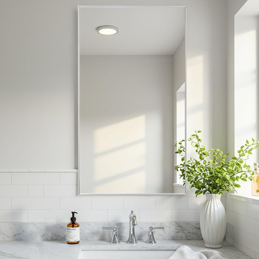 Espejo de baño plateado de 20 x 36 pulgadas, espejo sin cobre, marco de aleación de aluminio, espejo rectangular montado en la pared, espejo moderno