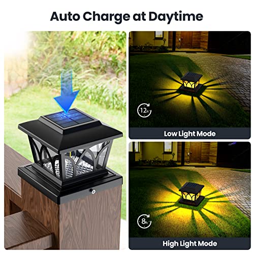 Aponuo 4X4 Post Solar Lights,Filament Solar Post Cap Lights Yellow Light 2 Brightness Levels,Adjustable 8-16Lm High Hrightness Solar Deck Post Lights 1000Mah For Fence Deck Posts Caps 4X4 5X5 6X6In. #TOP2
