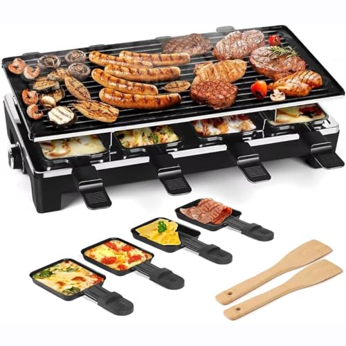 Electric Raclette Grill, 2-in-1 Non-Stick Plate, 1500W Fast Heating, 8 Melt Pans, Ideal for Parties and Family Fun