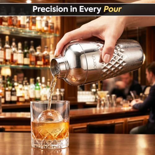 Image of O' Holic by Perch 10-Piece Bartender Kit with Mango Wooden Stand|Cocktail Shaker Gift Set with Jigger, Strainer,Spoon, Muddler, Pourers, Corkscrew & Tongs|Home Bar Accessories for Mixing Drinks|Silver