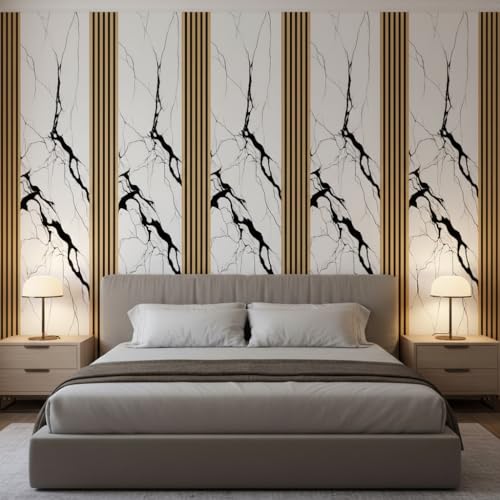 Image of Hotegxa White Marble Wooden Louvers Wallpaper for Walls | Self Adhesive Waterproof PVC Wall Sticker | Peel & Stick TV Unit Background Wallpaper for Living Room, Bedroom & Office (45 x 300 CM)