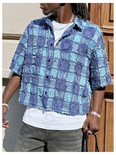GORGLITTER Men's Cropped Shirt Button Up Short Sleeve Color Block Distressed Y2k Crop Top Streetwear3