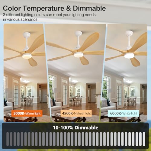 Image of OKDNEG 60 Inch Ceiling Fans with Lights and Remote, 5 Wood Fan Blades Ceiling Fan,3CCT Dimmable,Timer,Quiet DC Motor,6 Speed,Indoor Outdoor Ceiling Fan for Offices Farmhouse Gazebo Patio
