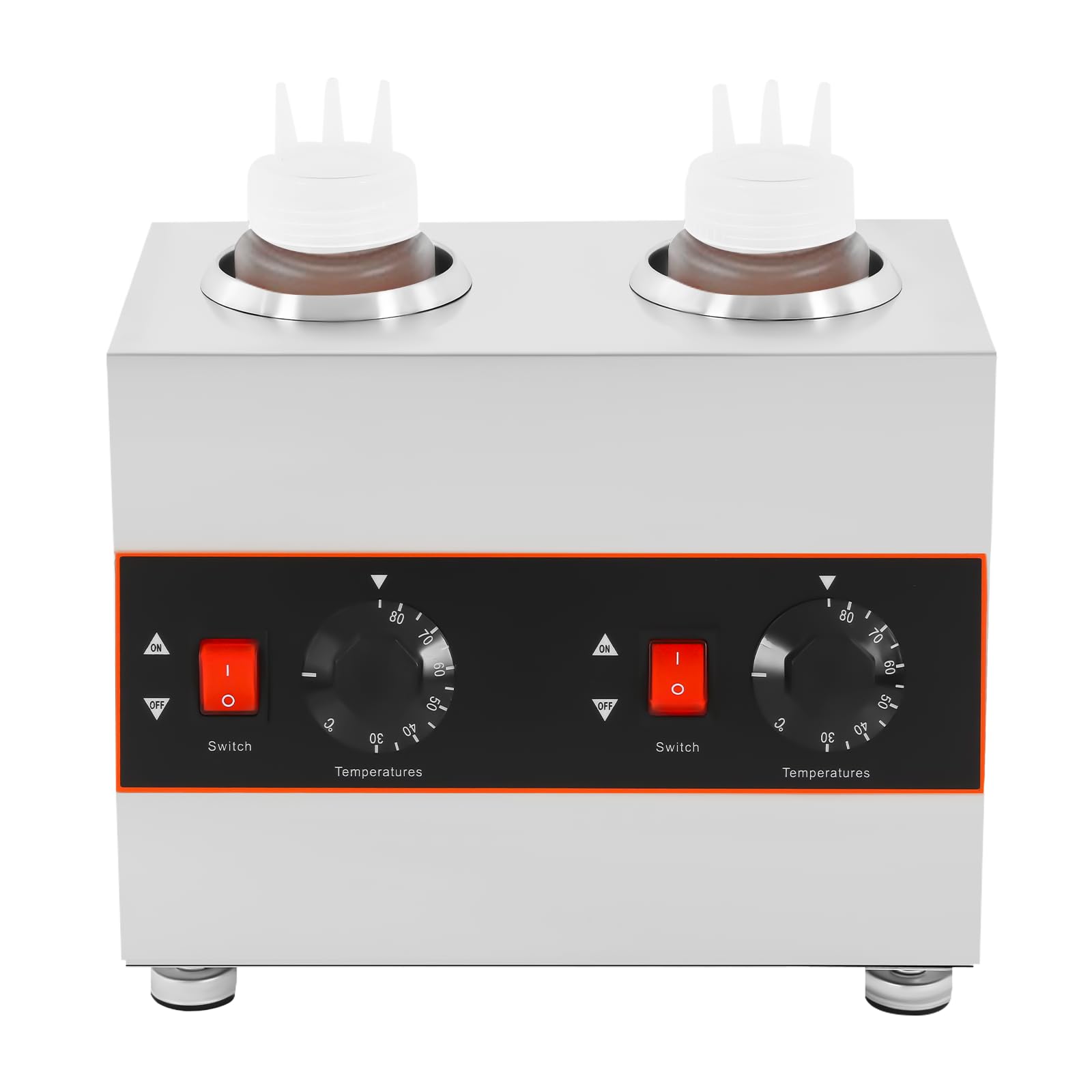 CRYBY 320W Electric Sauce Warmer, Chocolate Sauce Warmer Cheese Sauce Dispenser Warmer with 2 Squeeze Bottles, Hot Fudge Warmer Dispenser Jam Heat Preservation Machine, Single Bottle Capacity 0.14Gal