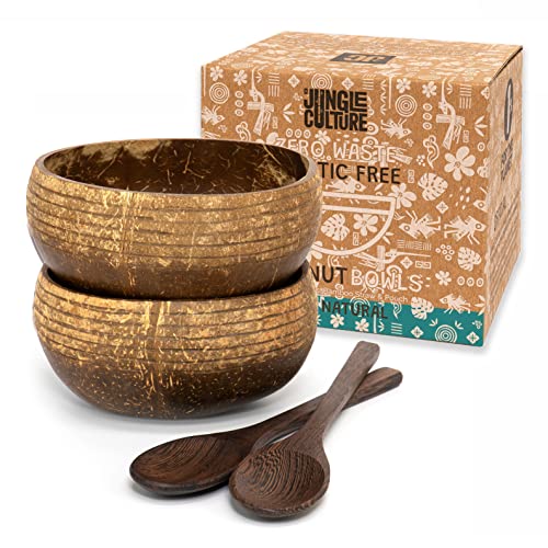 Jungle Culture® Set de 2 Boles de Coco con Cucharas y Pajita de Bambú & Bolsa • Tazones de Coco Natural • Cuenco Madera • Açai Bowl Ecológico y Sostenible • Coconut Bowls • Hecho a Mano en Vietnam