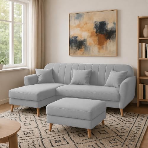 Image of Atticus LHS 4 Seater L Shape Sofa Set with Ottoman for Living Room (Grey Fabric) Premium Fabric Sofa Set