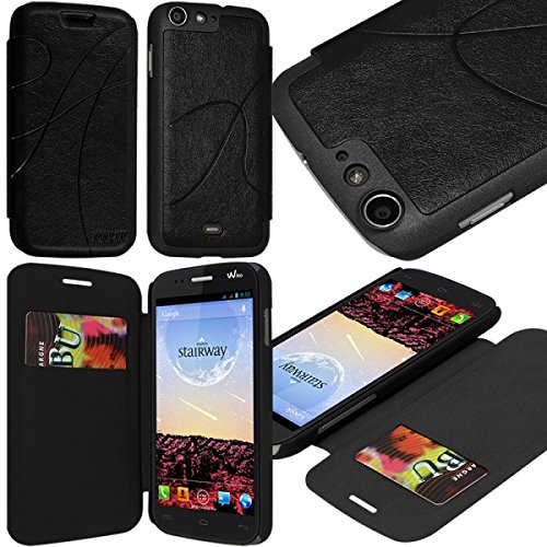 KARYLAX Seluxion - Coque Housse Etui à Rabat latéral et Porte-Carte pour Wiko Stairway Couleur Noir + Film de Protection d'écran