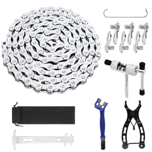 10 Speed Fahrradkette Werkzeug Set 1/2 x 11/128 Inch 116 Glieder. Enthält Kettenbrecher Kettenprüfer Kettenschloss Zange und Bürste. Ideal für Mountainbike und Roadbike Wartung