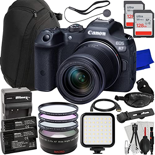 Ultimaxx Advanced Canon R7 Camera with 18-150mm Lens Bundle - Includes: 2X 128GB Ultra Memory Cards, 0.43x Wide-Angle Lens Attachment, 2X Spare Batteries, LED Light Kit & Much More (31pc Bundle)