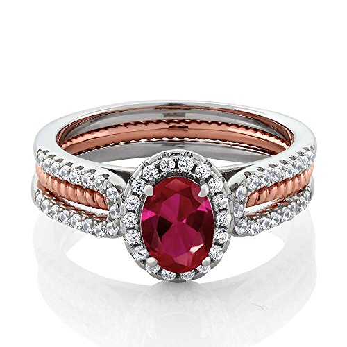 Gem Stone King 925 2-Tone Sterling Silver Created Ruby Women Wedding Band Insert Ring (1.52 Cttw, Gemstone Birthstone, Available In Size 5, 6, 7, 8, 9)2