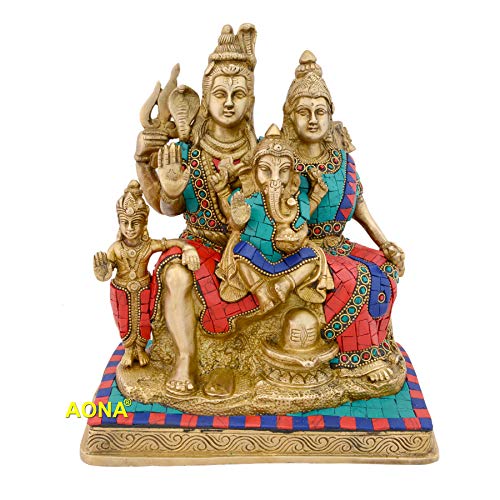 Image of AONA Brass Shiva Parvati Shiv Parivar Bholenath Shankar Bhagwan Ganesh Family Murti Idol Statue Sculpture Multicolor Home Decor Height 10 Inches