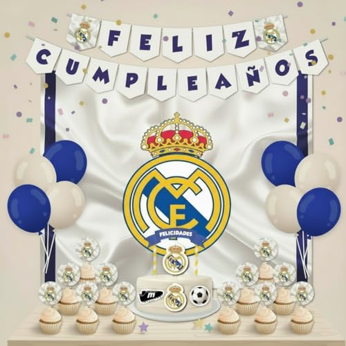 Decoración Cumpleaños Madrid - 1 Cartel 100x80cm, 2 Banderines, 1 Cake Topper, 12 Toppers - Diseño para Fiestas Infantiles (Pack 3)