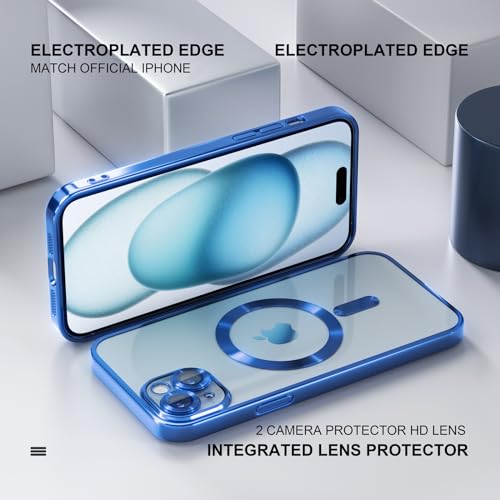 Image of Misea Magnetic for iPhone 15 Case Compatible with MagSafe | [Never Yellowing] [Military Drop Protection] Full Camera Lens Protector Plating Soft Clear Phone Case for Women, Deep Blue