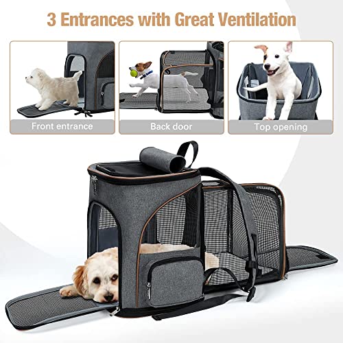 Sac à Dos Chat Chien, Extensible Sac Transport Pliable pour Petits Chiens avec Laisse de Sécurité Intérieure et 2 Tapis pour Animaux de Compagnie, Gris - Image 4