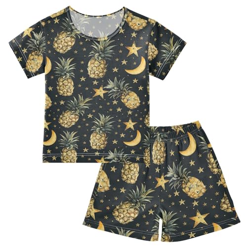ALAZA Pineapples Stars Moon Pajama Set Short Sleeve Sleepwear Soft Lounge Nightwear