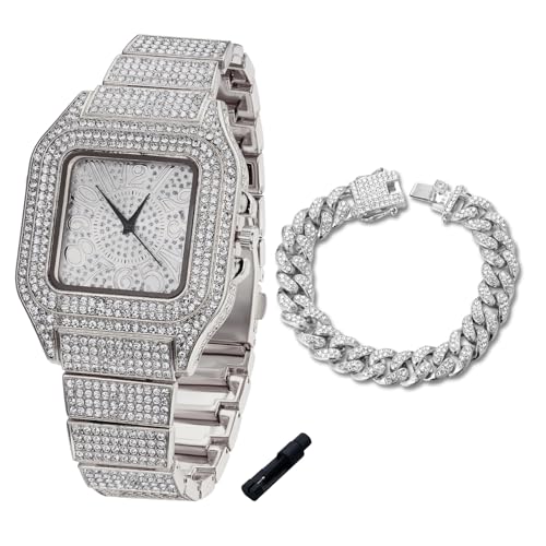 Image of Halukakah Diamonds Watch Iced Out for Boy Teens Kids - 18K Real Gold /Platinum Plated,Arabic Numerals Square Dial,Japanese Quartz - 7.3 inch Length - Optional with Cuban Link Chain - for Birthday,Parties