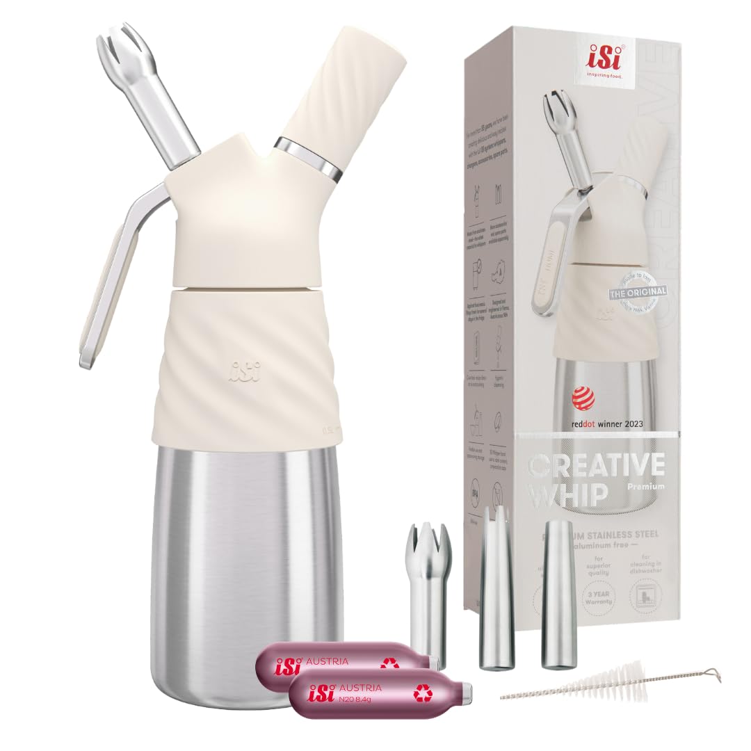 iSi Creative Whip Premium Sahnespender 500ml , Ivory White , aus Edelstahl , inkl. 3 Edelstahltüllen & 2 iSi Sahnekapseln , iSi Sahnespender für Sahne, Dessert & Herzhaftes , Spülmaschinenfest