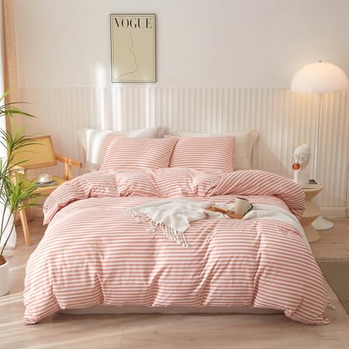 Image of Full Comforter Set Pink White Stripes Pattern Comforter Full Modern Style Striped Comforter with 2 Pillowcases Lightweight 3 Pieces Boho Bedding Comforter Farmhouse Striped Fluffy Comforter Set