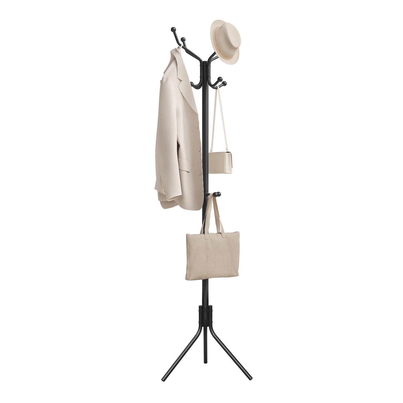 eSituro Appendiabiti Autoportante con 12 Ganci, per Corridoio, Camera da Letto, Guardaroba, Ufficio, Mobile a Forma di Albero in Metallo per Vestiti, Cappelli e Borse, 45x40x173 cm, Nero | Albero tascabile con 12 ganci, appendiabiti in metallo, per soggio