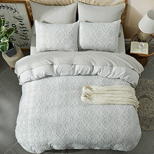 Bedazzled Duvet Cover King Size, 3 Pieces Tufted Comforter Cover Set, Soft And Embroidery Shabby Chic Boho Bedding Sets For All Seasons, Light Grey #TOP5