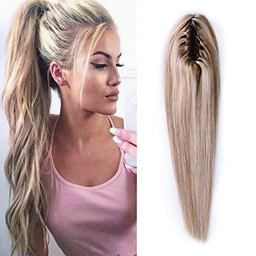 SEGO Jaw Claw Clip Ponytail Extension Human Hair Clip in Ponytail Hair Extensions Pony Tails Hair Extensions 100% Real Remy Hair Long Straight For Women 16 Inch Ash Blonde&Bleach Blonde 105 Gram