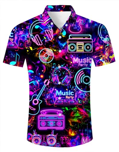 uidezone Neon Shirt for Mens Vintage 80s 90s Music Party Shirt Summer Casual Short Sleeve Button Up Shirt L