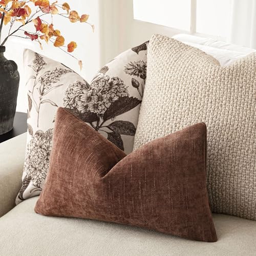 Image of Foindtower Pack of 2 Textured Chenille Throw Decorative Pillow Covers Square Accent Solid Cushion Cover Neutral Farmhouse Lumbar Pillow Case for Couch Sofa Bedroom Living Room 12x20 Inch,Red Taupe