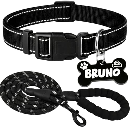 Image of PawPro Reflective Nylon Dog Collar - Custom Bone Tag with 5‑Foot Heavy‑Duty Leash - Soft Padded Handle, 360 Swivel Clip - Adjustable Pet Collar for Medium & Large Dogs (Graphite Black, Collar+Leash)