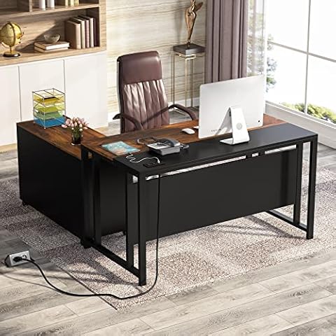 Tribesigns L-Shaped Computer Desk with Power Outlet and Drawer Cabinet, 55 inch Large Executive Office Desk Business Furniture with 40 inch Lateral File Cabinet Printer Stand for Home Office,Brown Cover