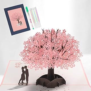 3D Pop Up Card, Blossom Pop-Up Greeting Card with Romantic Lovers Under Cherry Tree, Wedding Card Greeting Cards for Wedding, Christmas, Birthday, Anniversary, Valentine's Day