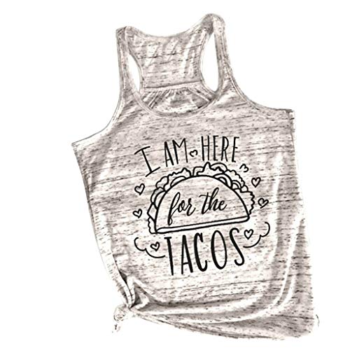 Review Women Girls Funny Tank Tops WYTong I AM HERE TACOS Printed Racerback T Shirt Blouse(Beige,S)