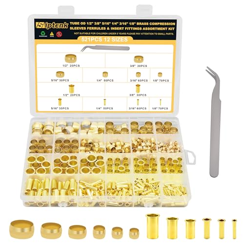 Image of Siptenk 520PCS Brass Compression Sleeves Ferrules Inserts Fittings Kit | 6 Sizes 1 /2 inch 3 /8 inch 5 /16 inch 1 /4 inch 3 /16 inch 1 /8 inch Air Brake Fittings for Air Water Fuel Oil with a Pair of Tweezer