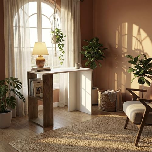 Image of Strata Compact Computer Desk with Built-in 2-Tier Bookshelf, Space-Saving Modern Study Table & Workstation for Home Office, 90x50x80cm (White & Walnut)