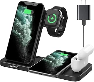 SZAMBIT Carregador Sem Fio 4 em 1,15W Estação de Carga Rápida Sem Fio Compatível com o iPhone 13/12/11 Pro Max/X/Xr/8 Plus e Airpods,Suporte do Carregador Qi Sem Fio Dobrável para Samsung Galaxy,Preto