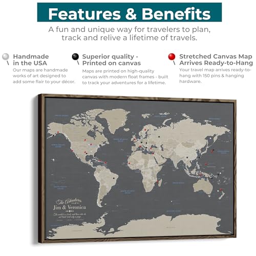 Image of Earth Tone World Map with Pins - Extra Large Personalized Canvas Push Pin Map - Framed World Travel Wall Decor - Natural Float Frame - 34 inch x 51 inch