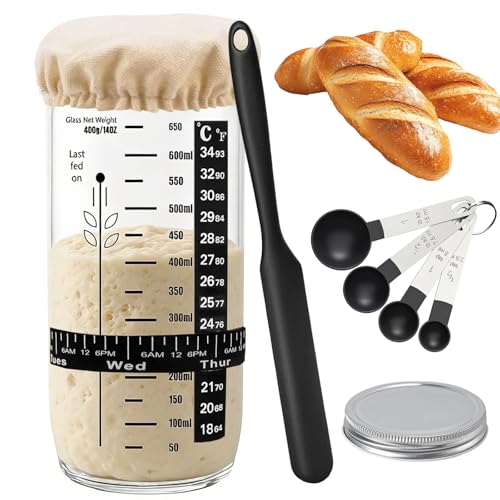 Sauerteig Glas 650ml Sauerteig Starter Set mit Sauerteigglas Messlöffel Spatel Cloth Cover und Metall-Deckel Sourdough Starter Kit Brotbackzubehör
