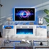 oneinmil 70” TV Stand with 36” Electric Fireplace, Large Modern Media Entertainment Center with Storage Cabinet and 12 Colors LED Lights for TVs Up to 80', White+White