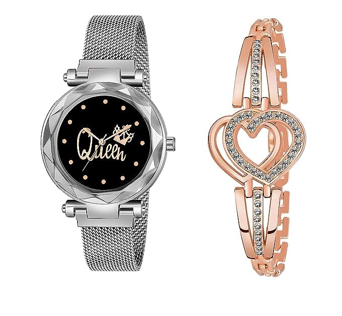 Tymor Luxury Analogue Black Dial Diamond Studded Siver Magnet Watch with Gift Heart Diamond Studded Rose GoldBracelet for Women or Girls (B0CCLK3CJZ) Amazon Price History, Amazon Price Tracker