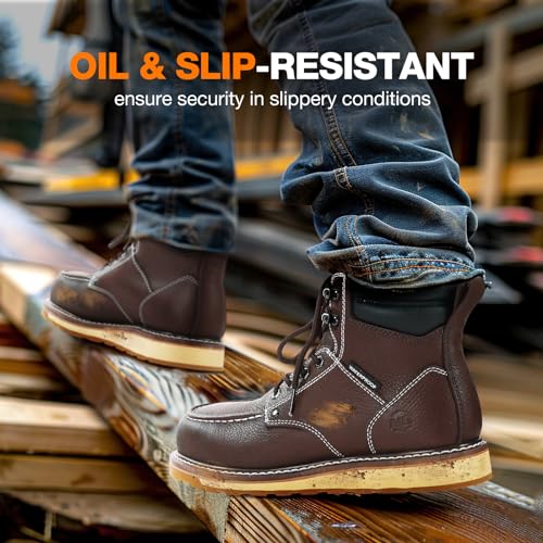 Image of NINGO Steel /Soft Toe Work Boots for Men, 6 Inch Waterproof Mens Wedge Moc Toe Boots, Full-Grain Leather, Oil and Slip-Resistant Safety Boots, EH Protection,Work Boots for Construction, Industrial