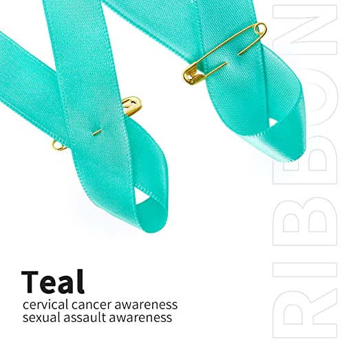 Image of 100 Pieces Teal Satin Awareness Ribbons with Safety Pins Cervical Cancer, Sexual Assault Awareness Accessories 1.4 * 3 inch