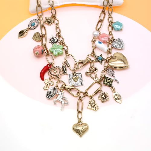 JNF Chunky Layer Heart Charm Necklace for Women Boho Heart Sun Flower Key Coins Charms Necklaces Paperclip Link Chain Necklace Y2K Statement Jewelry2