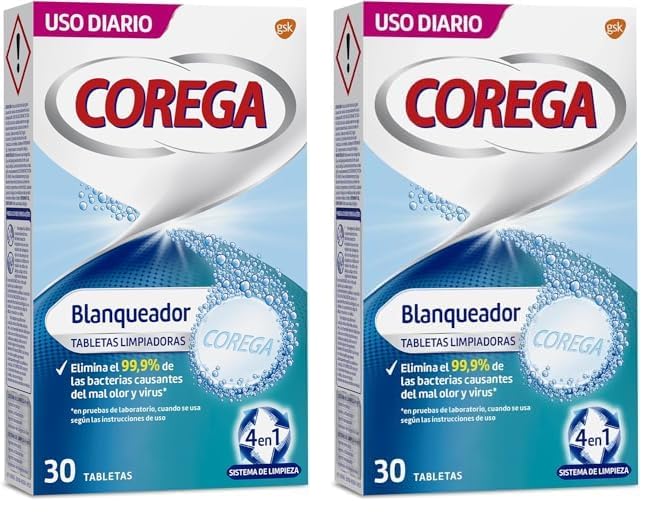 Corega Blanqueador Tabletas Limpiadoras Para Prótesis Dentales, Elimina las Manchas, Uso Diario, 30 Tabletas (Paquete de 2)