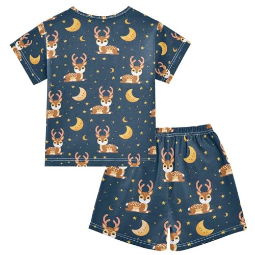 ALAZA Deer Moon Star Blue Pajamas Set Short Sleeve Cotton Sleepwear Summer Pjs 2 Piece 5-14Y2