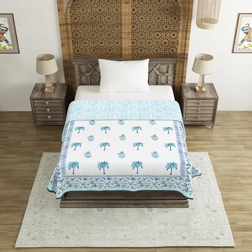 Image of BLOCKS OF INDIA Hand Block Printed Cotton Single Size Reversible Malmal Dohar for Summer (Turq Tree Lily)