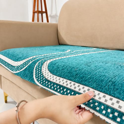 Image of Homerz Premium Chenille Fabric Sofa Cover | Soft, Durable & Dustproof | Decorative Couch Cover (Ghoomar Teal, 7 (3+2+2) Seater, Only Seat Cover)