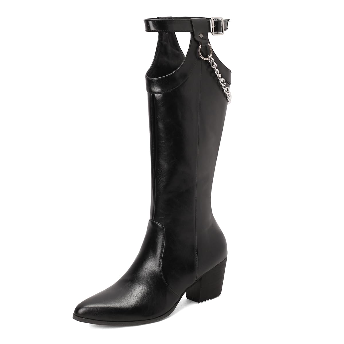 Fashion Knee High Tall Boots For Womens Pointed Toe Chains Zipper Chunky Heels Wide Calf Riding Dressy Boots