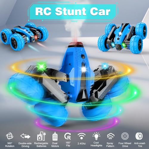 RC Cars, 2.4GHz Fast Stunt RC Car, 4WD Double Sided 360° Rotating RC Trucks with Headlights, High Speed Off Road Stunt Truck, Cool Spray Patterns, Remote Control Cars Toy for Boys Girls - Image 3
