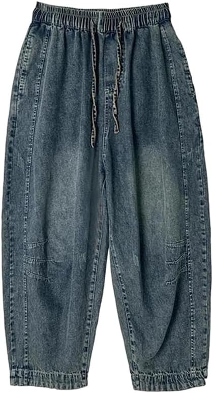 Retro Cotton Washed Denim Pants Summer Loose Casual Harem Pants High Waist Cropped Trousers